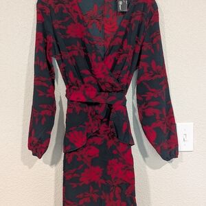 Black Wrap Dress with Red Floral Print